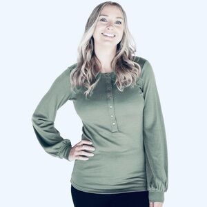 Woolx Charlotte Puff Sleeve Top Henley Merino Wool Shirt Slim Fit L Sage Green